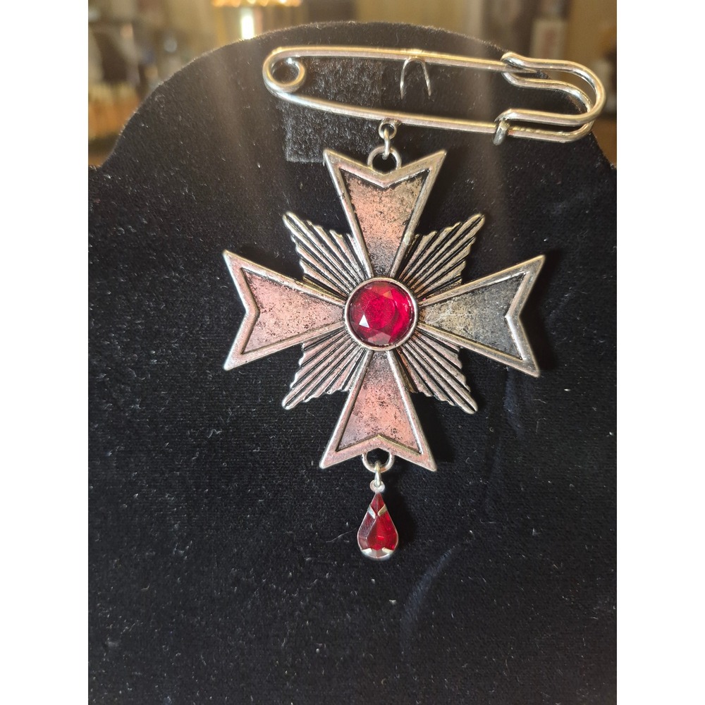 Gothic Maltese Cross Brooch Red Gemstone Silver Tone Safety Pin Statement Pin